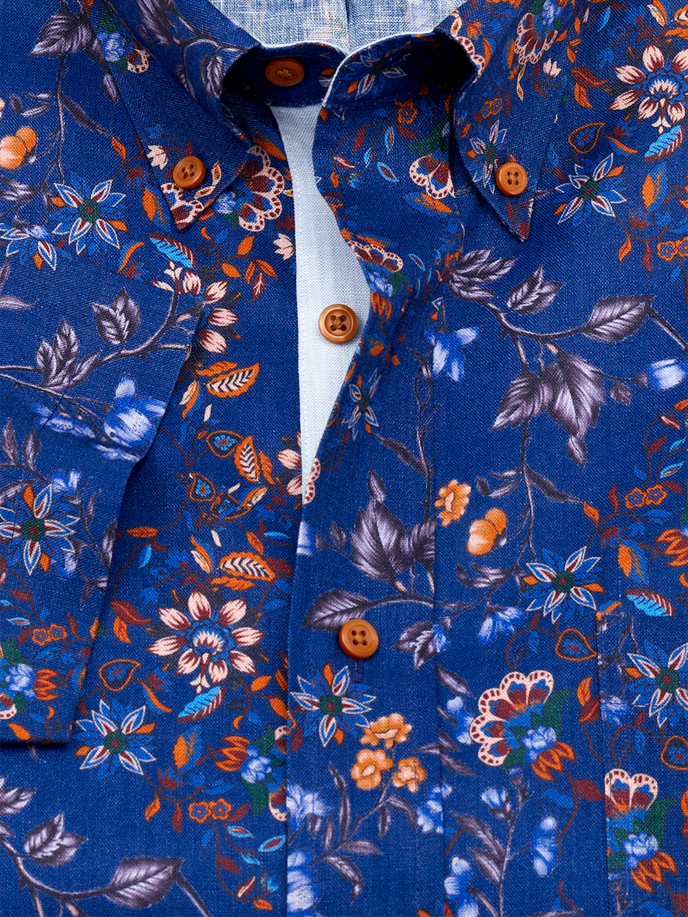 Non-Iron Linen Floral Dress Shirt With Contrast Trim - Cobalt - Image 6