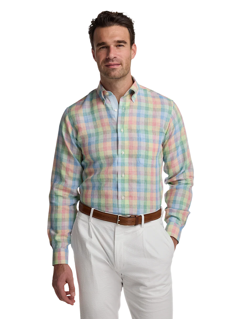 Non-Iron Linen Plaid Dress Shirt With Contrast Trim - Multi - Image 2