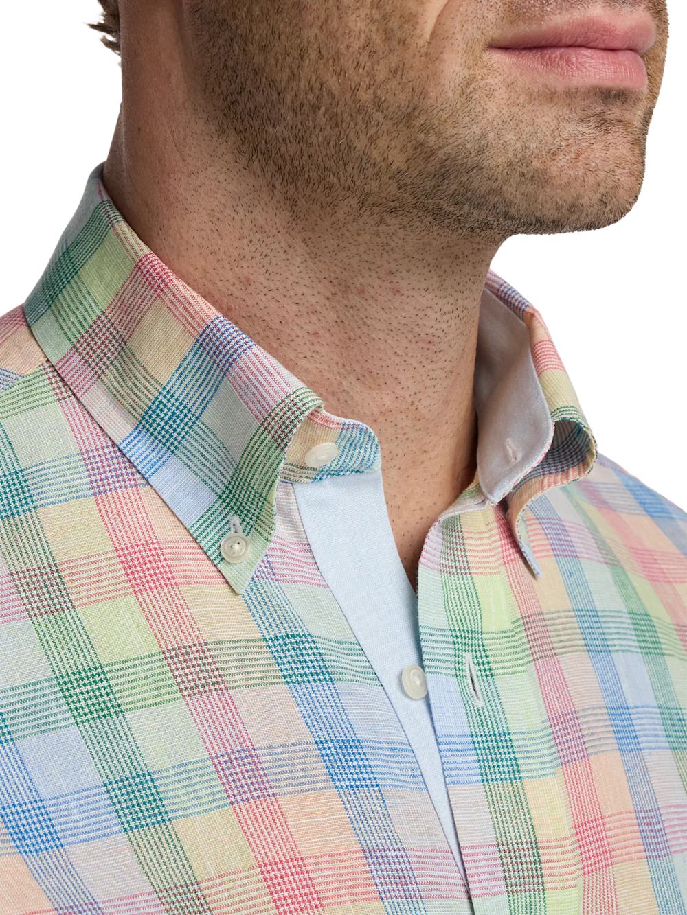 Non-Iron Linen Plaid Dress Shirt With Contrast Trim - Multi - Image 3