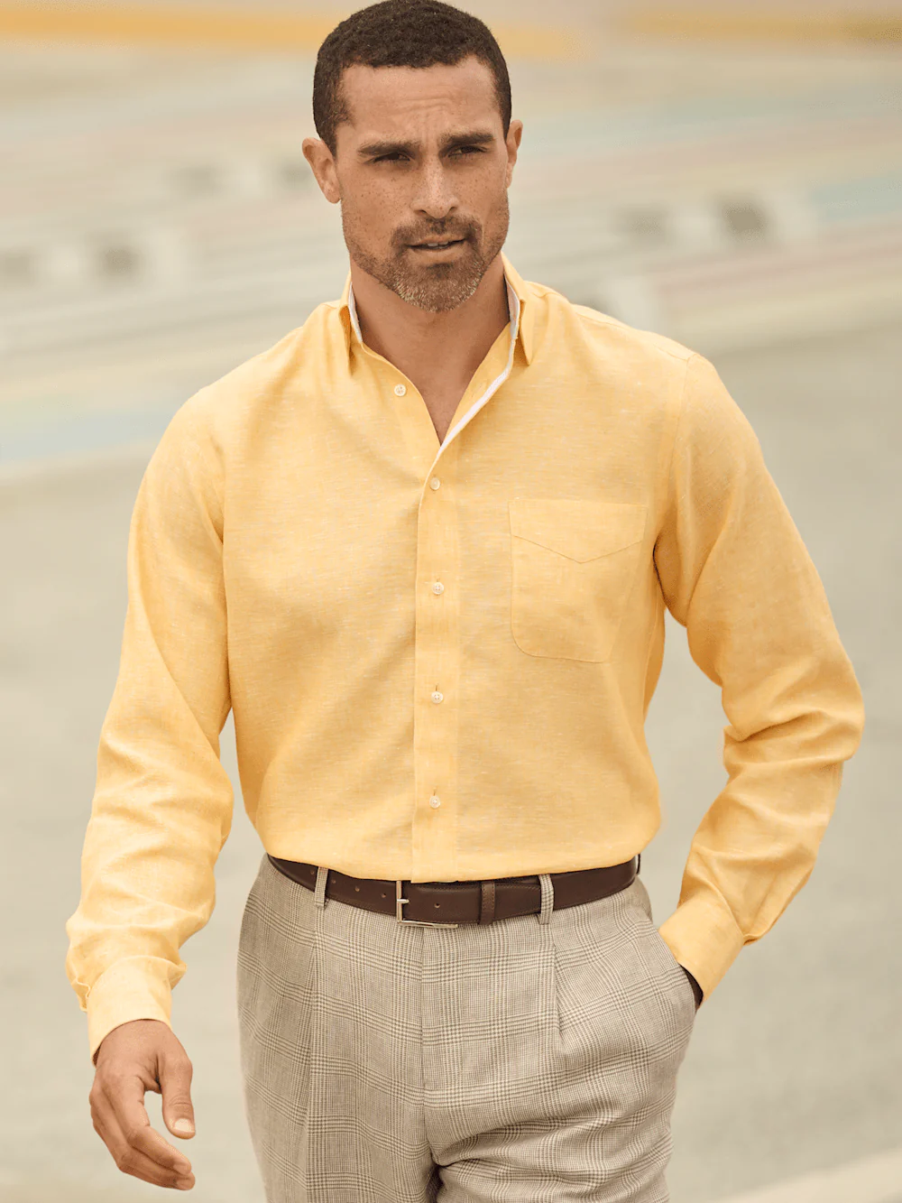 Non-Iron Linen Solid Dress Shirt With Contrast Trim - Yellow - Image 8