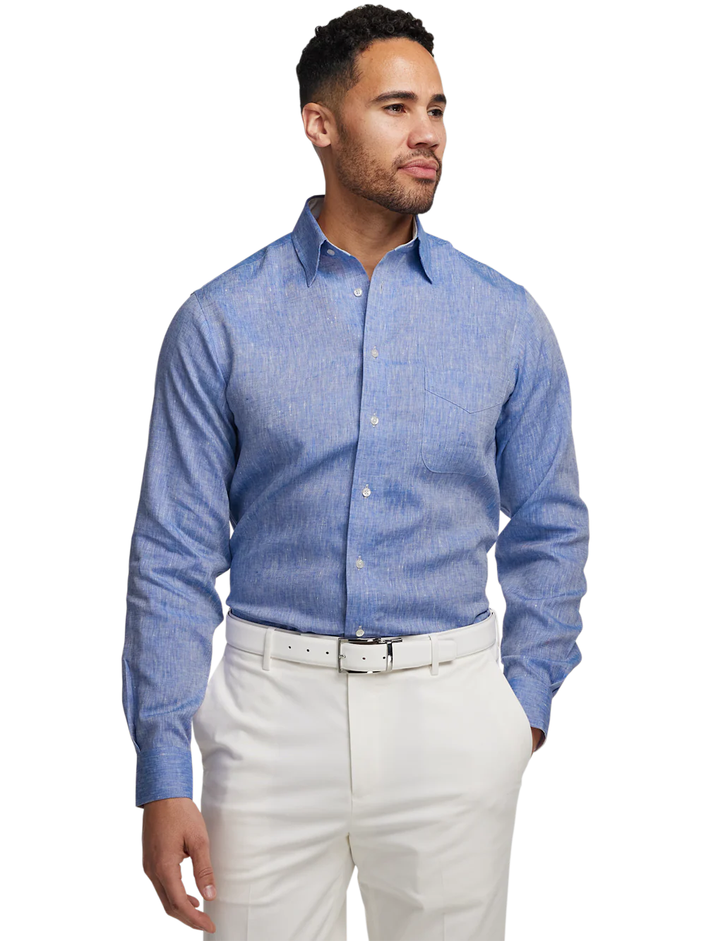 Non-Iron Linen Solid Dress Shirt With Contrast Trim - Dark Blue - Image 2