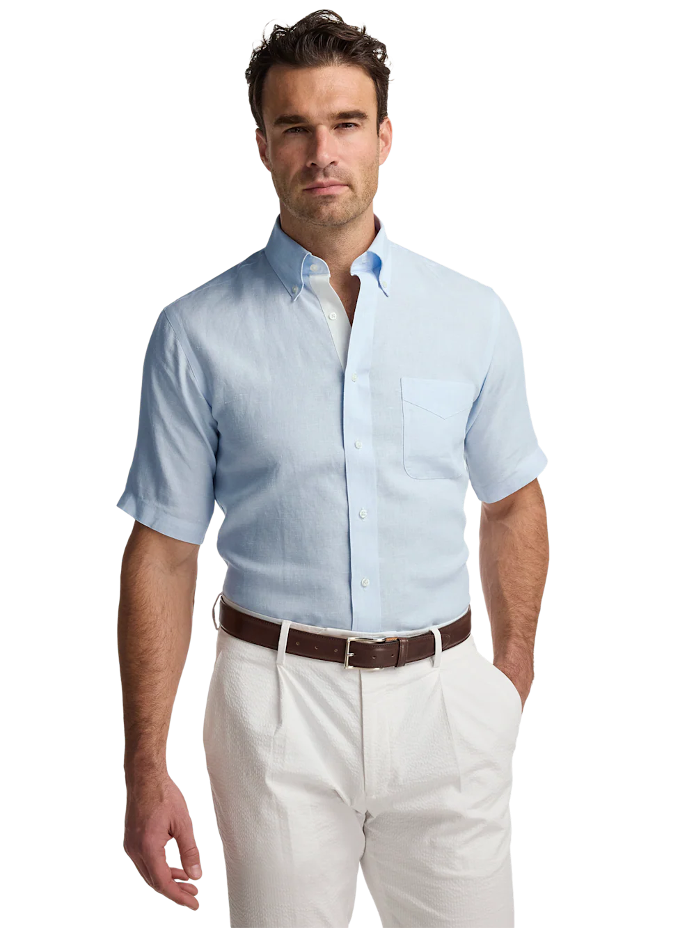 Non-Iron Linen Solid Dress Shirt With Contrast Trim - Light Blue - Image 2