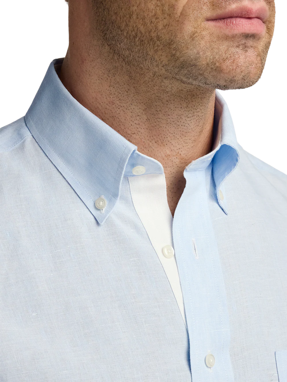 Non-Iron Linen Solid Dress Shirt With Contrast Trim - Light Blue - Image 3