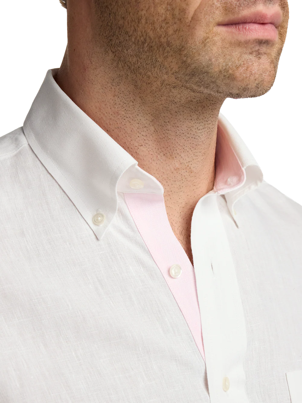 Non-Iron Linen Solid Dress Shirt With Contrast Trim - White - Image 3