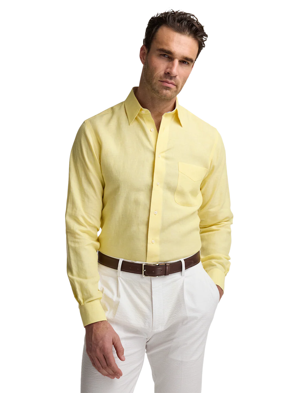 Non-Iron Linen Solid Dress Shirt With Contrast Trim - Light Yellow - Image 2