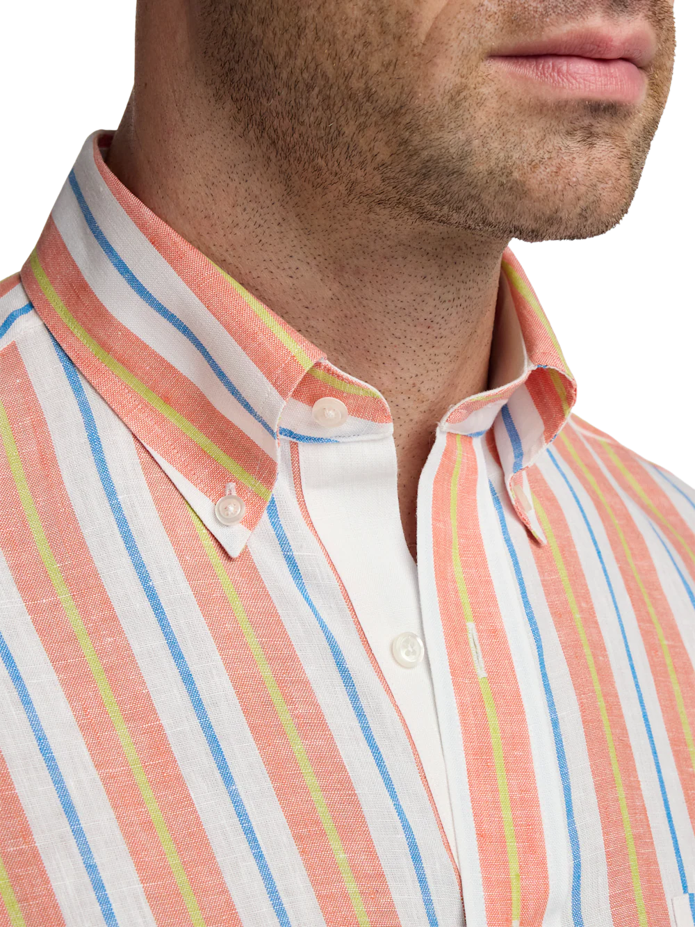 Non-Iron Linen Stripe Dress Shirt With Contrast Trim - White Multi - Image 3