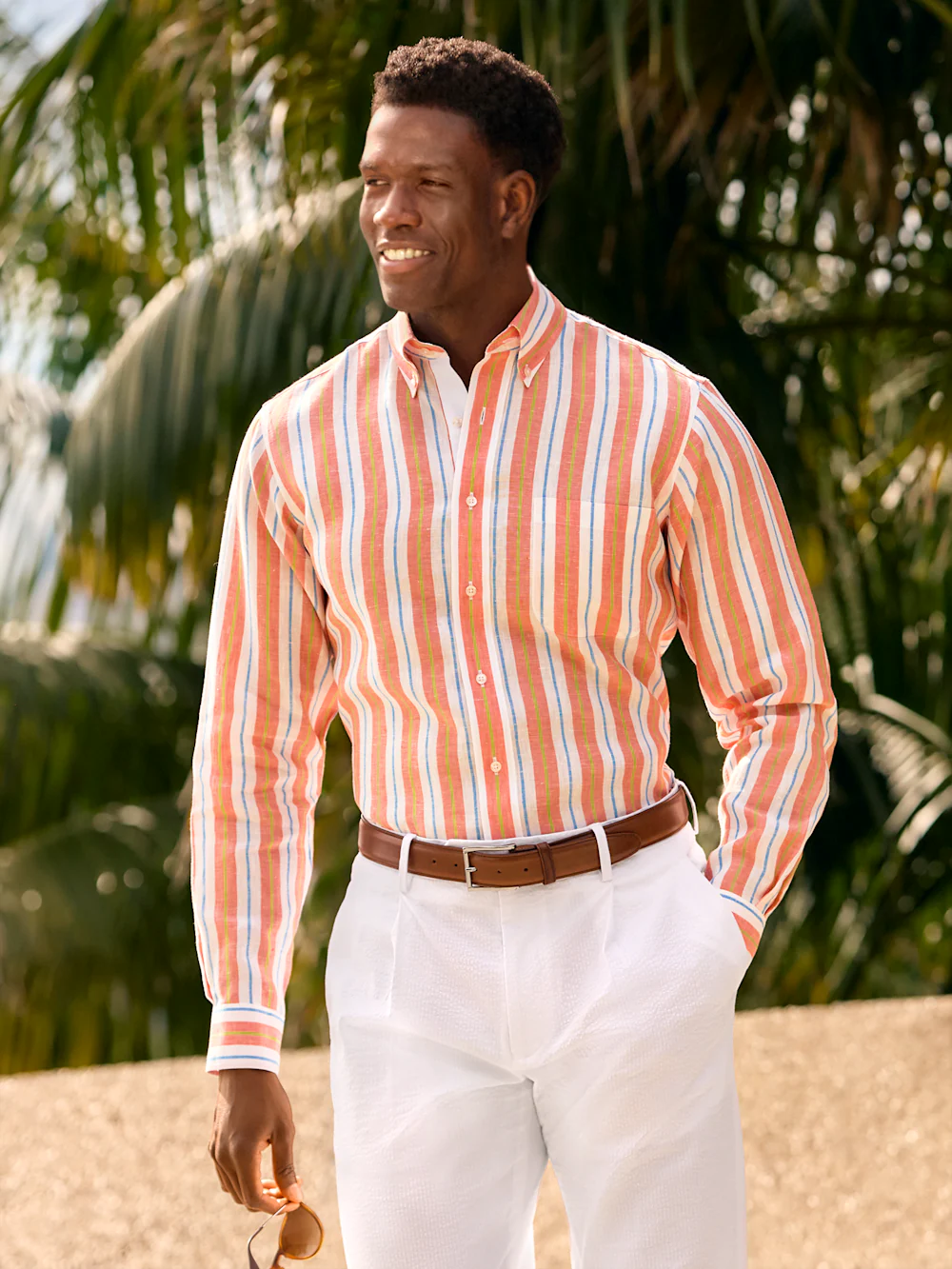 Non-Iron Linen Stripe Dress Shirt With Contrast Trim - White Multi - Image 7