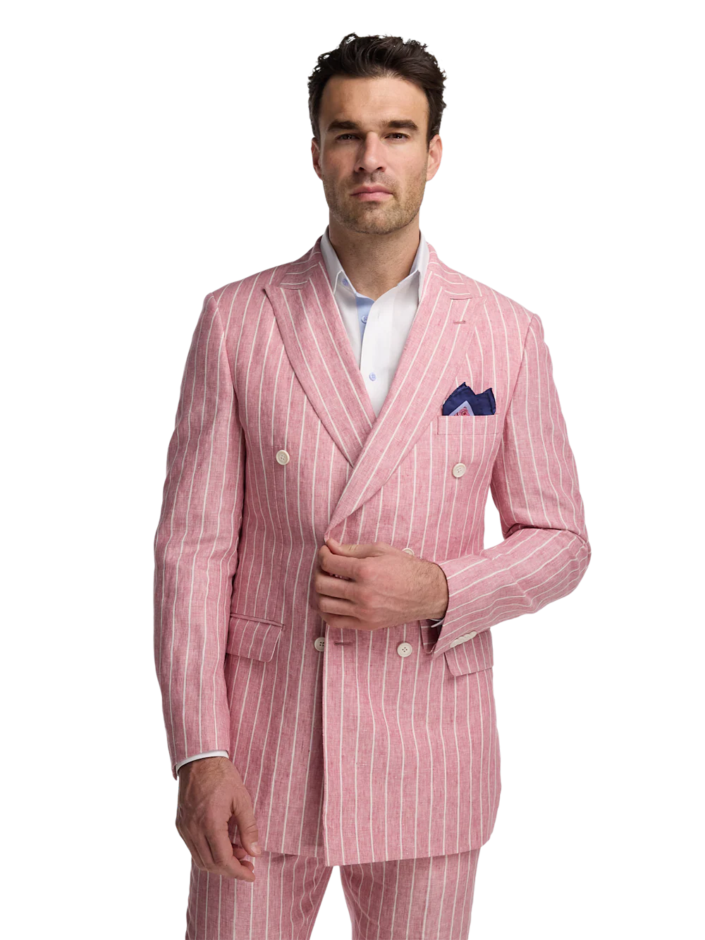 Pinstripe Linen Double Breasted Peak Lapel Suit Jacket - Pink/white - Image 2