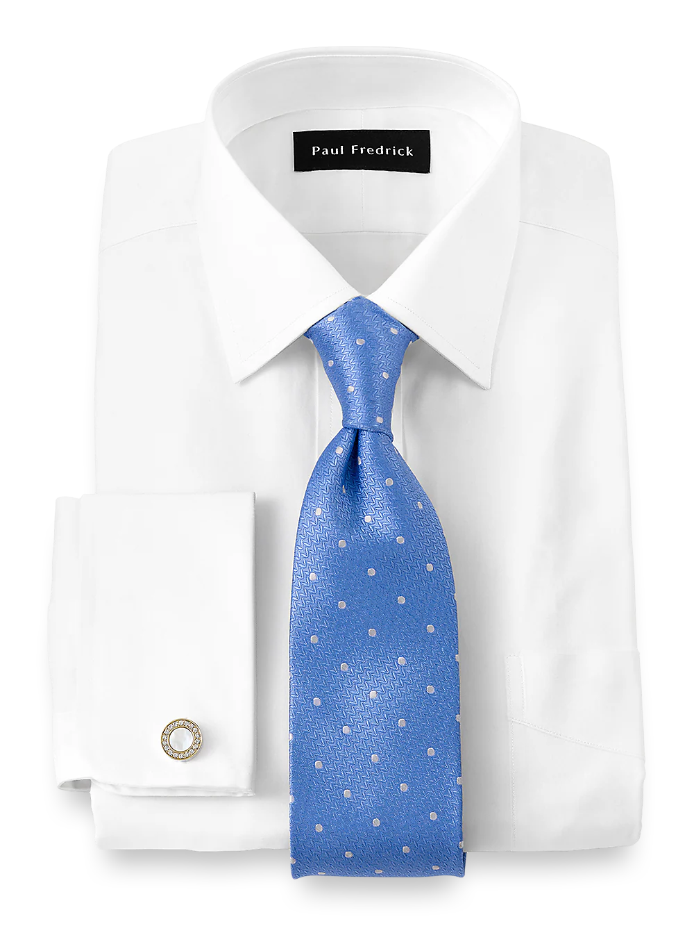 Pure Cotton Pinpoint Solid Color Spread Collar French Cuff Dress Shirt - Blue - Image 2
