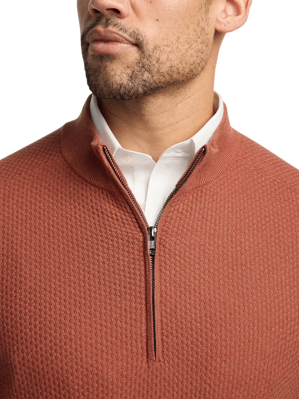 Silk Cotton Cashmere Quarter Zip Mock Neck Sweater - Terracotta - Image 3