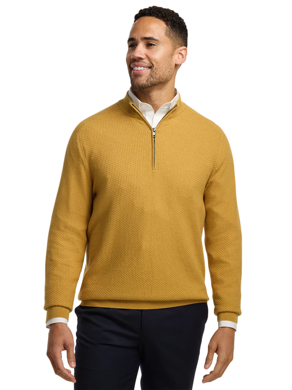 Silk Cotton Cashmere Quarter Zip Mock Neck Sweater - Gold - Image 2