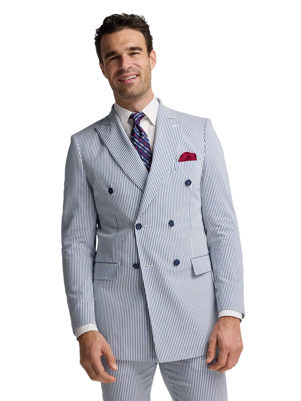 Stripe Seersucker Double Breasted Peak Lapel Suit Jacket - Navy/white - Image 2