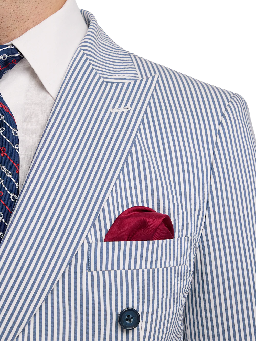 Stripe Seersucker Double Breasted Peak Lapel Suit Jacket - Navy/white - Image 6