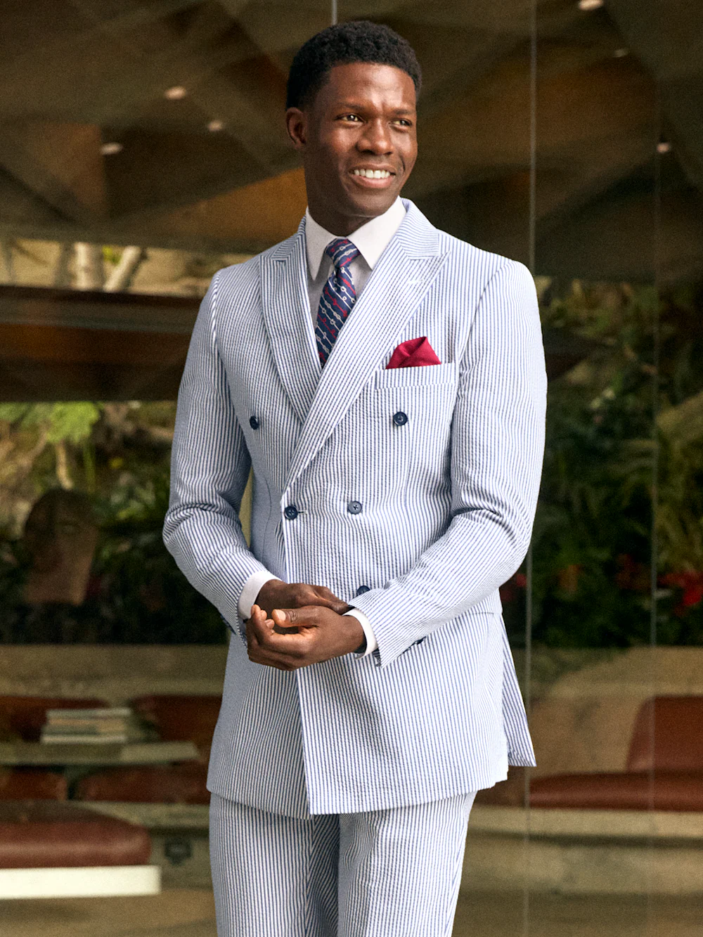 Stripe Seersucker Double Breasted Peak Lapel Suit Jacket - Navy/white - Image 8