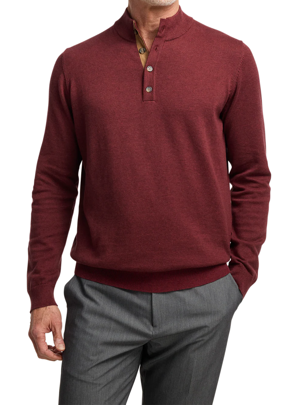 Supima Cotton Four Button Mock Neck Sweater - Burgundy - Image 2