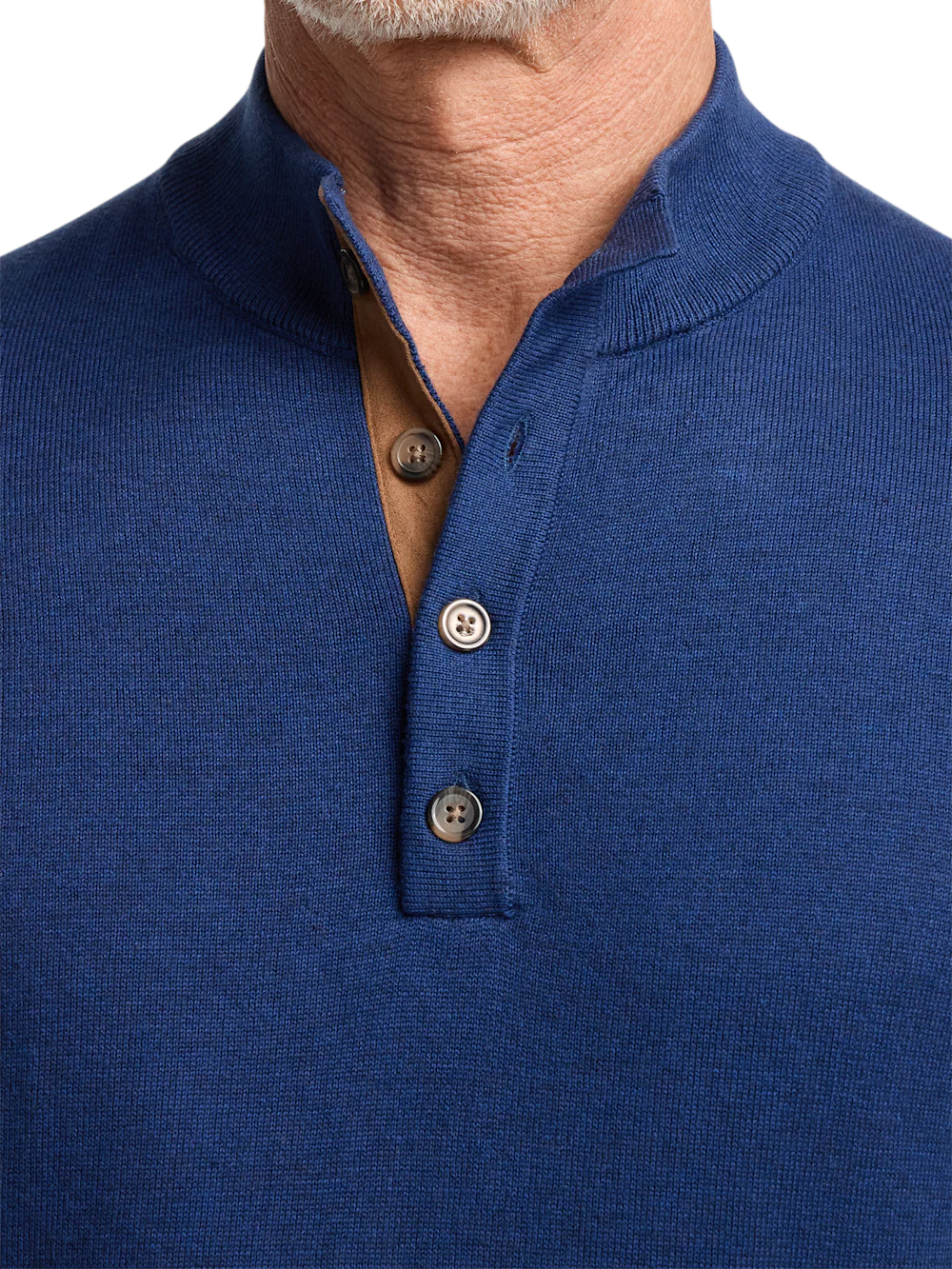 Supima Cotton Four Button Mock Neck Sweater - Dark Blue - Image 3