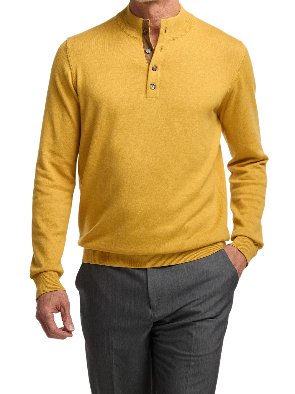 Supima Cotton Four Button Mock Neck Sweater - Mustard - Image 2