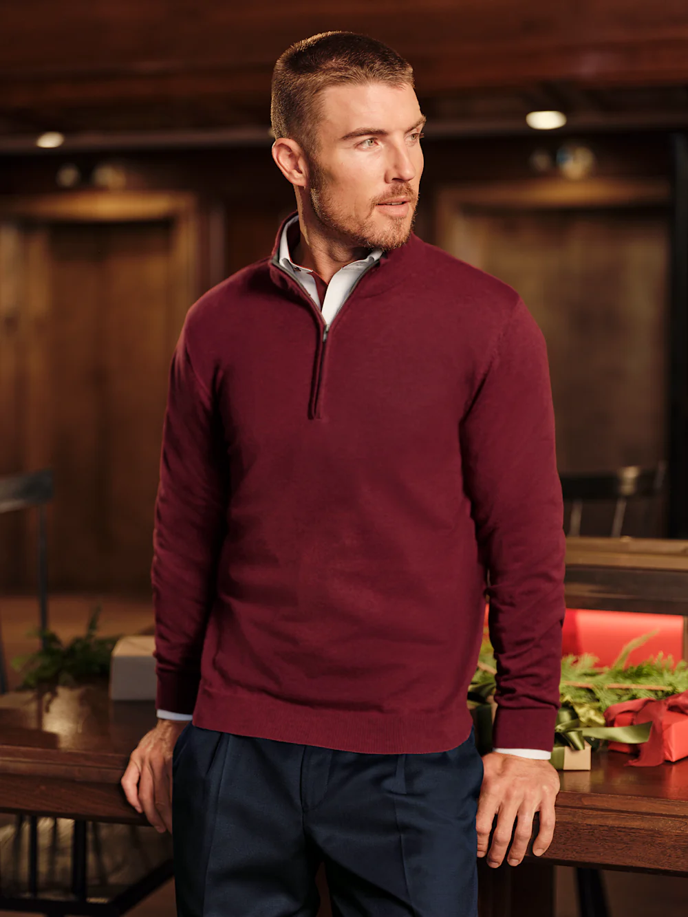 Supima Cotton Quarter Zip Mock Neck Sweater - Burgundy - Image 7