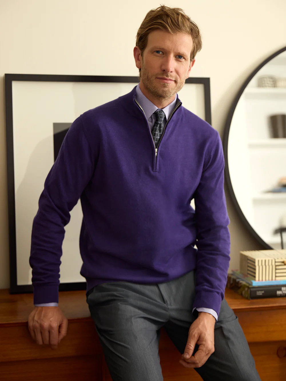 Supima Cotton Quarter Zip Mock Neck Sweater - Plum - Image 7