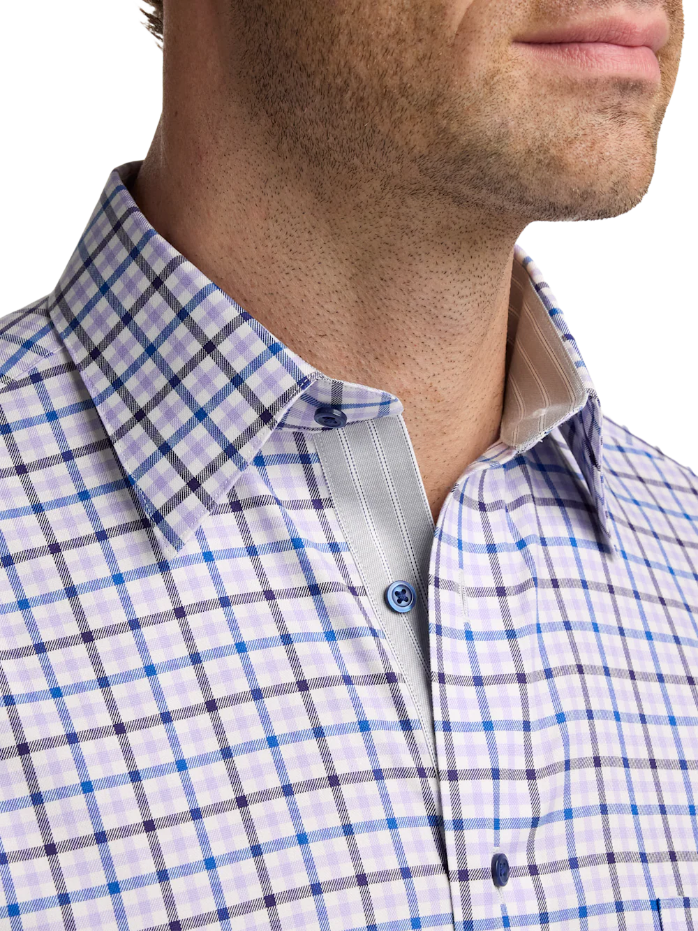 Traveler Cotton Blend Check Dress Shirt With Contrast Trim - Purple - Image 3