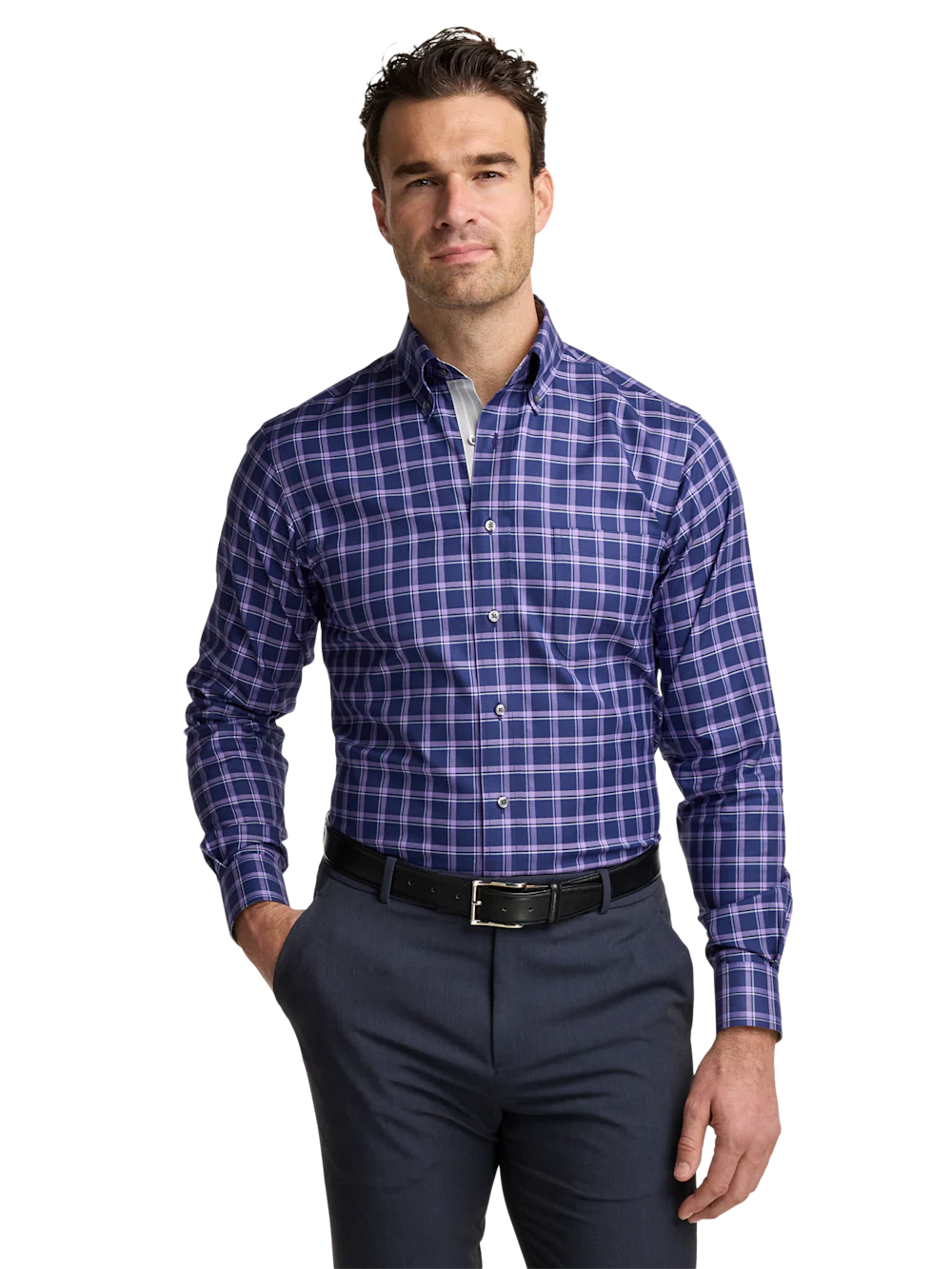 Traveler Cotton Blend Check Dress Shirt With Contrast Trim - Purple - Image 2