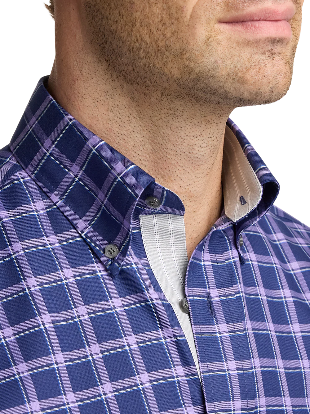 Traveler Cotton Blend Check Dress Shirt With Contrast Trim - Purple - Image 3