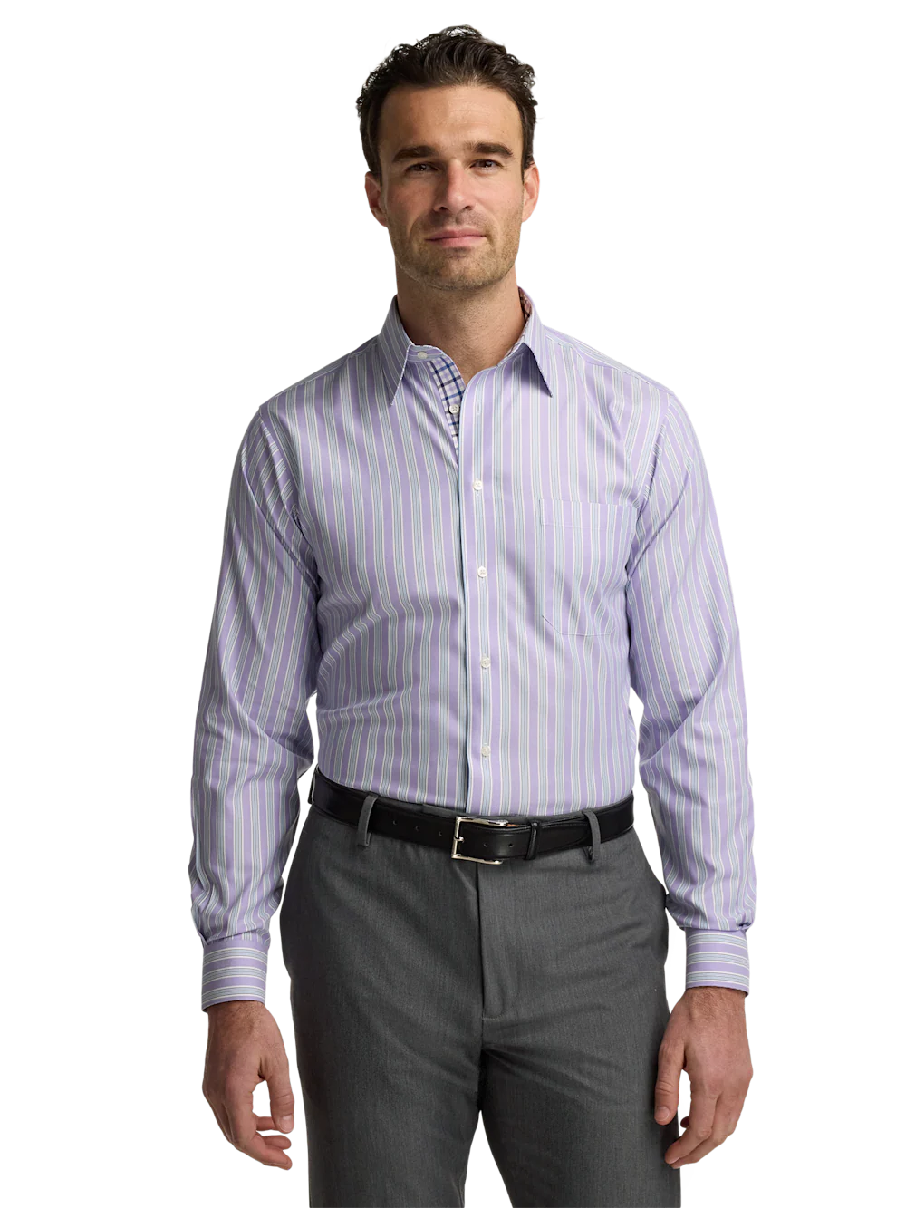 Traveler Cotton Blend Stripe Dress Shirt With Contrast Trim - Purple - Image 2