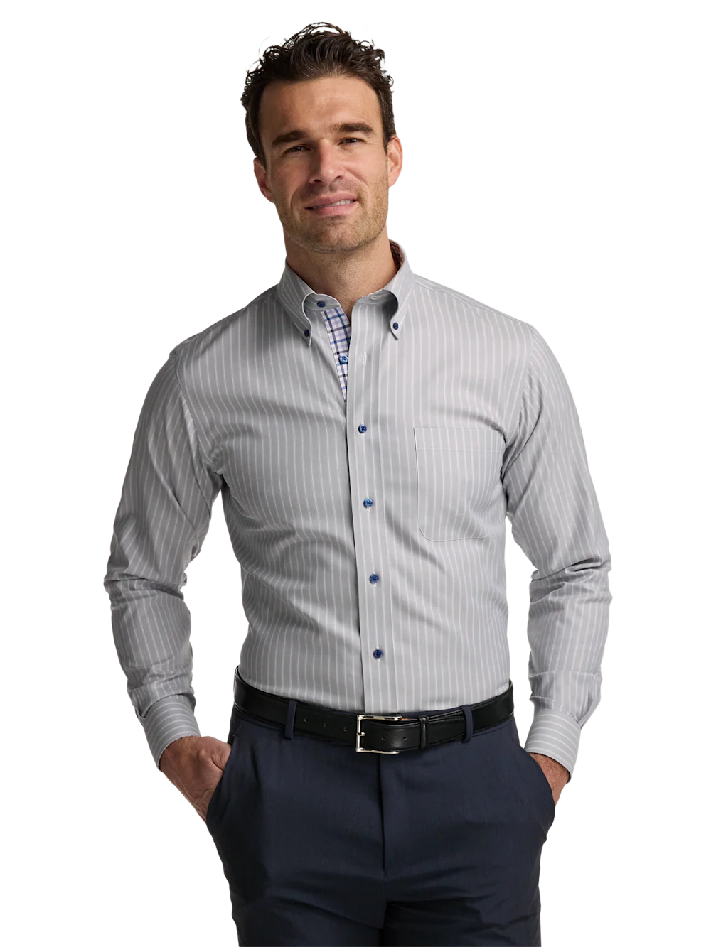 Traveler Cotton Blend Stripe Dress Shirt With Contrast Trim - Grey/purple - Image 2