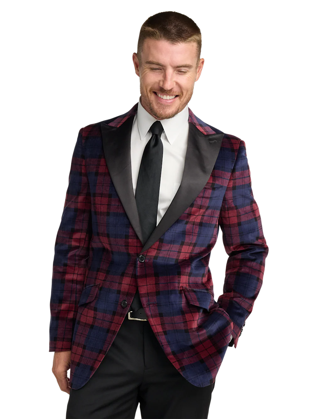 Velvet Plaid Single Breasted Satin Peak Lapel Sport Coat - Red Multi - Image 2