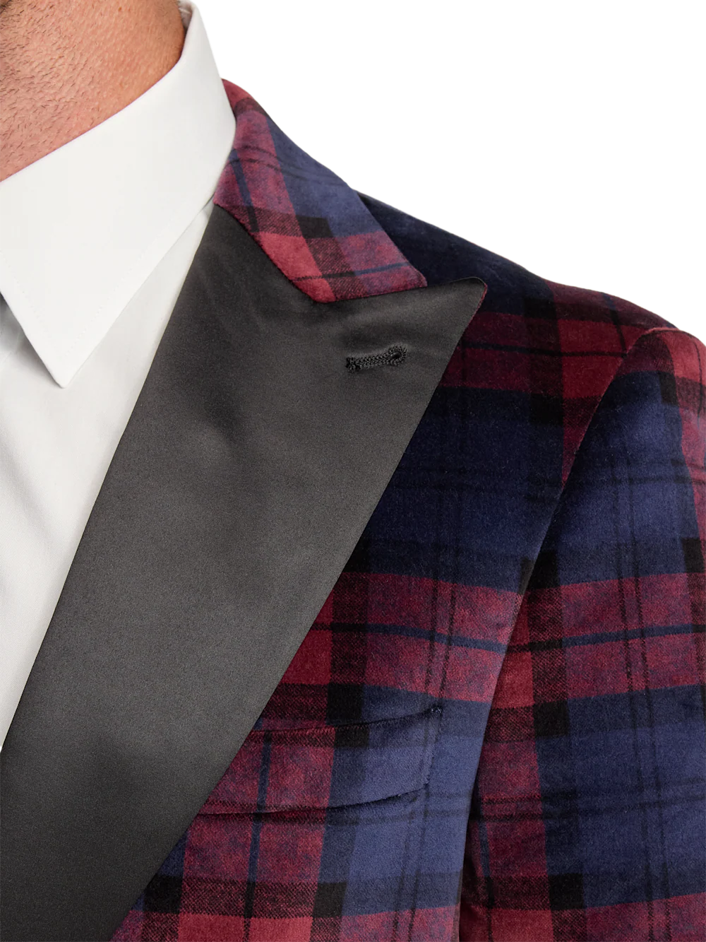 Velvet Plaid Single Breasted Satin Peak Lapel Sport Coat - Red Multi - Image 6