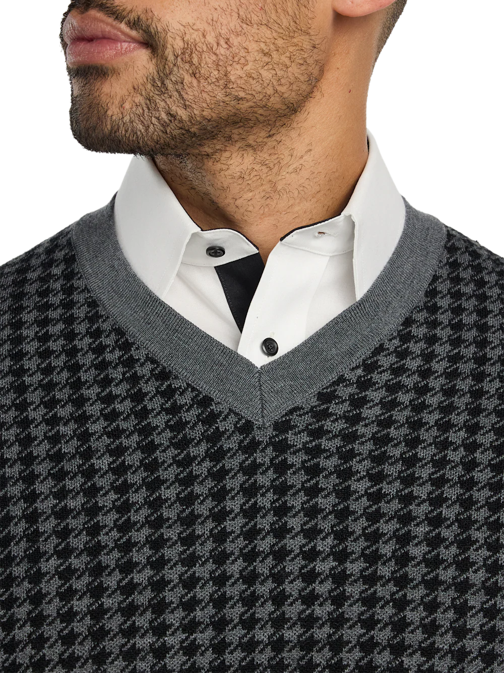 Washable Merino Wool Houndstooth V-neck Sweater - Black/grey - Image 3