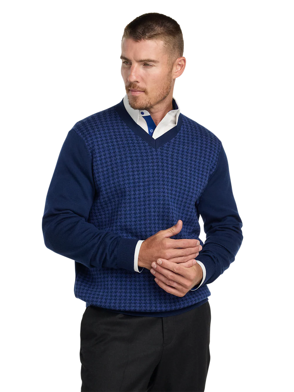 Washable Merino Wool Houndstooth V-neck Sweater - Blue - Image 2