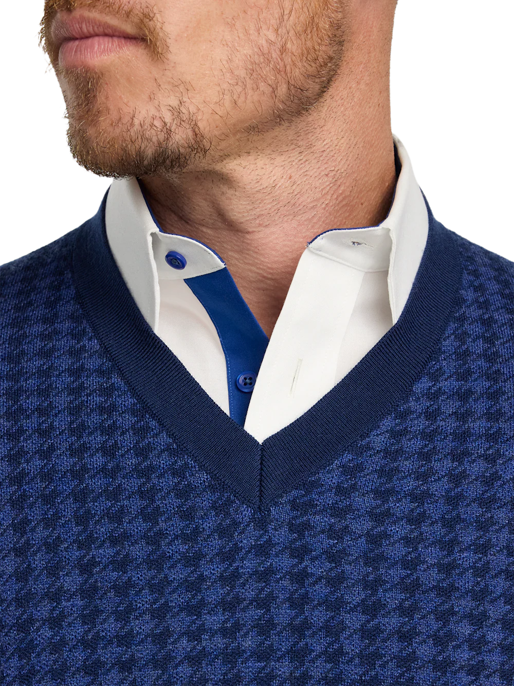 Washable Merino Wool Houndstooth V-neck Sweater - Blue - Image 3
