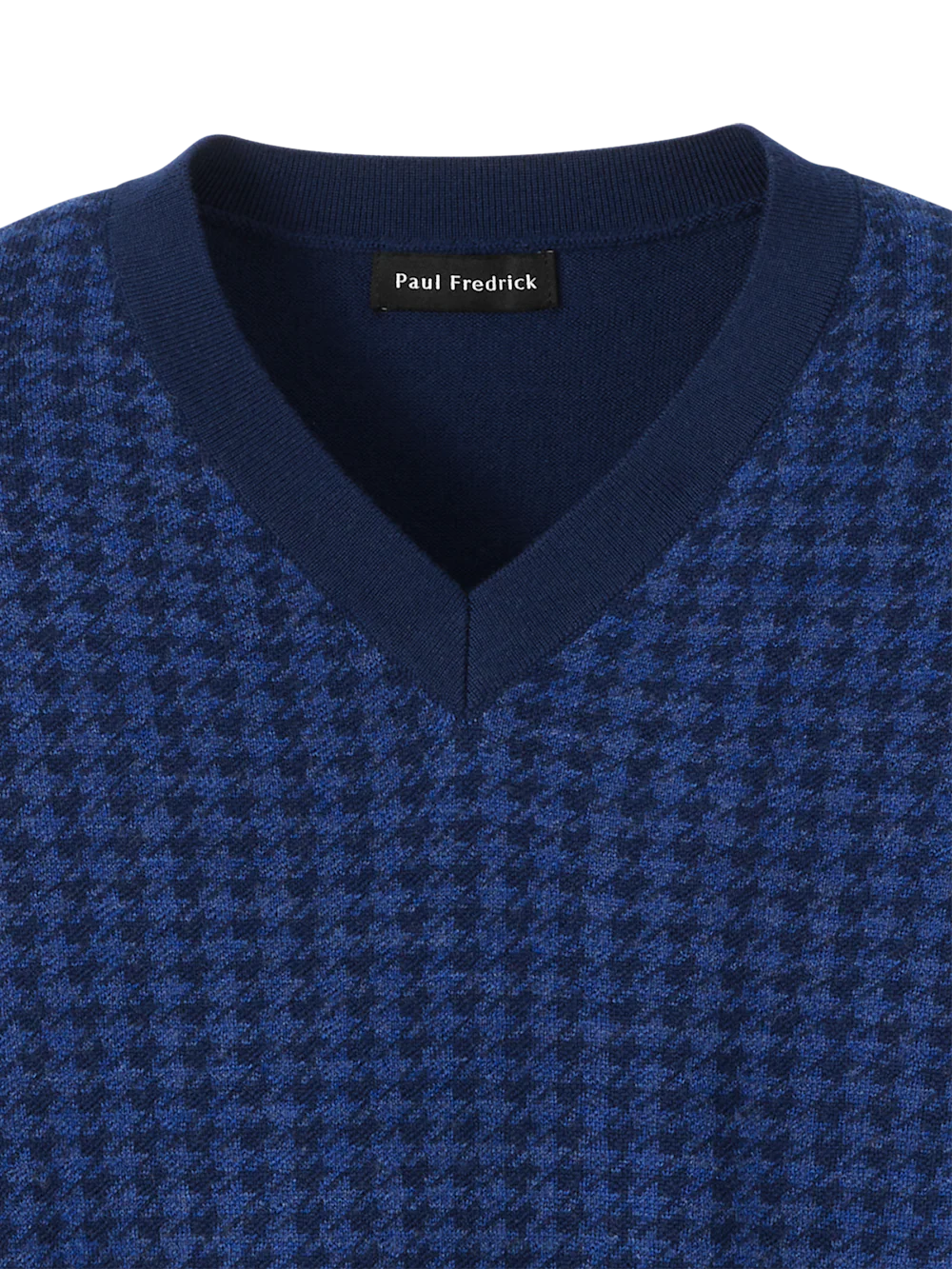 Washable Merino Wool Houndstooth V-neck Sweater - Blue - Image 6