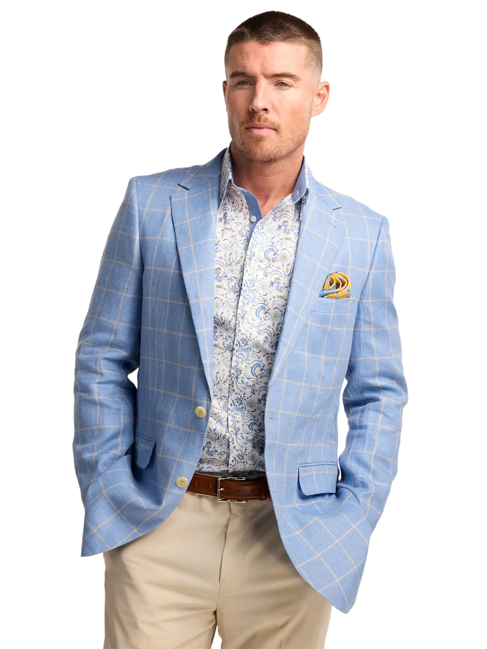 Windowpane Linen Single Breasted Notch Lapel Sport Coat - Blue/yellow - Image 3