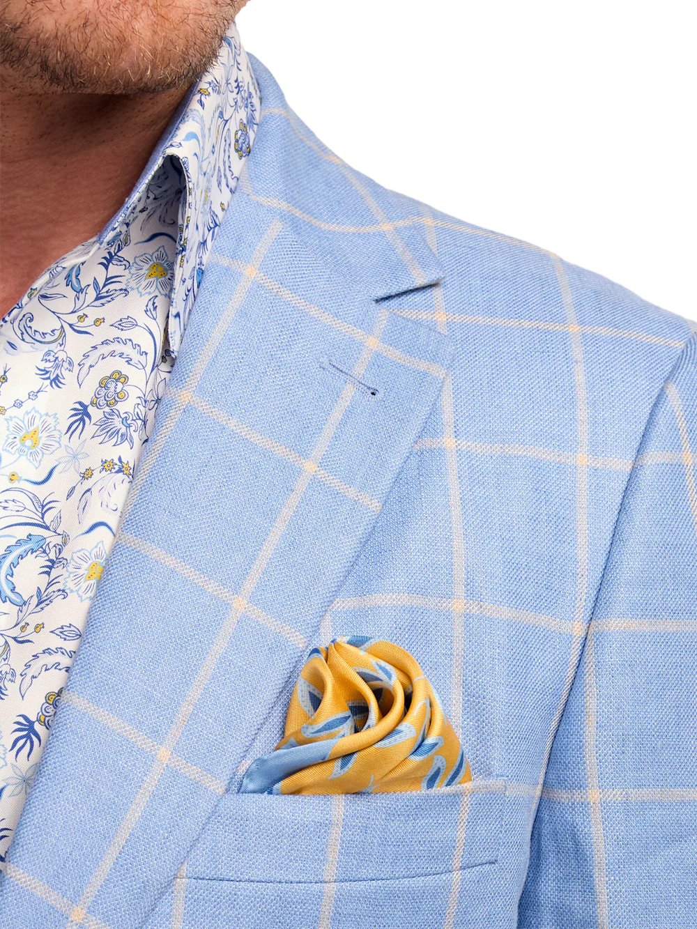 Windowpane Linen Single Breasted Notch Lapel Sport Coat - Blue/yellow - Image 7