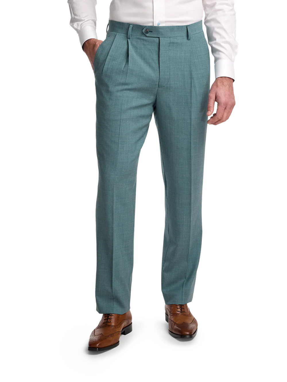 Wool Bengaline Pleated Suit Pants - Teal - Image 2