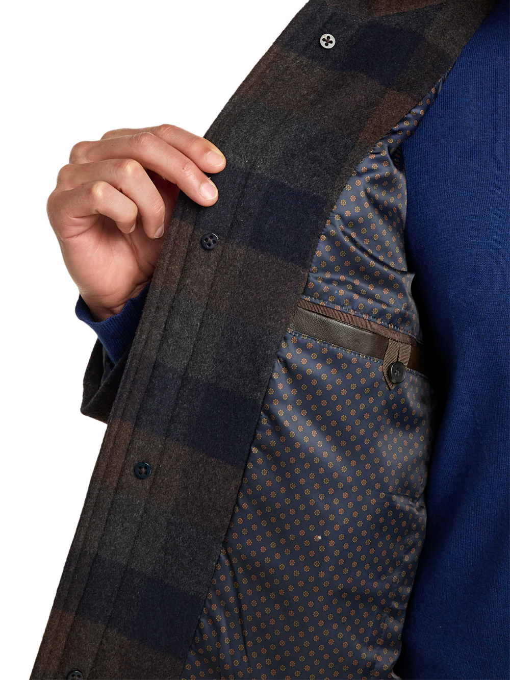 Wool Blend Buffalo Plaid Car Coat - Navy/brown - Image 5