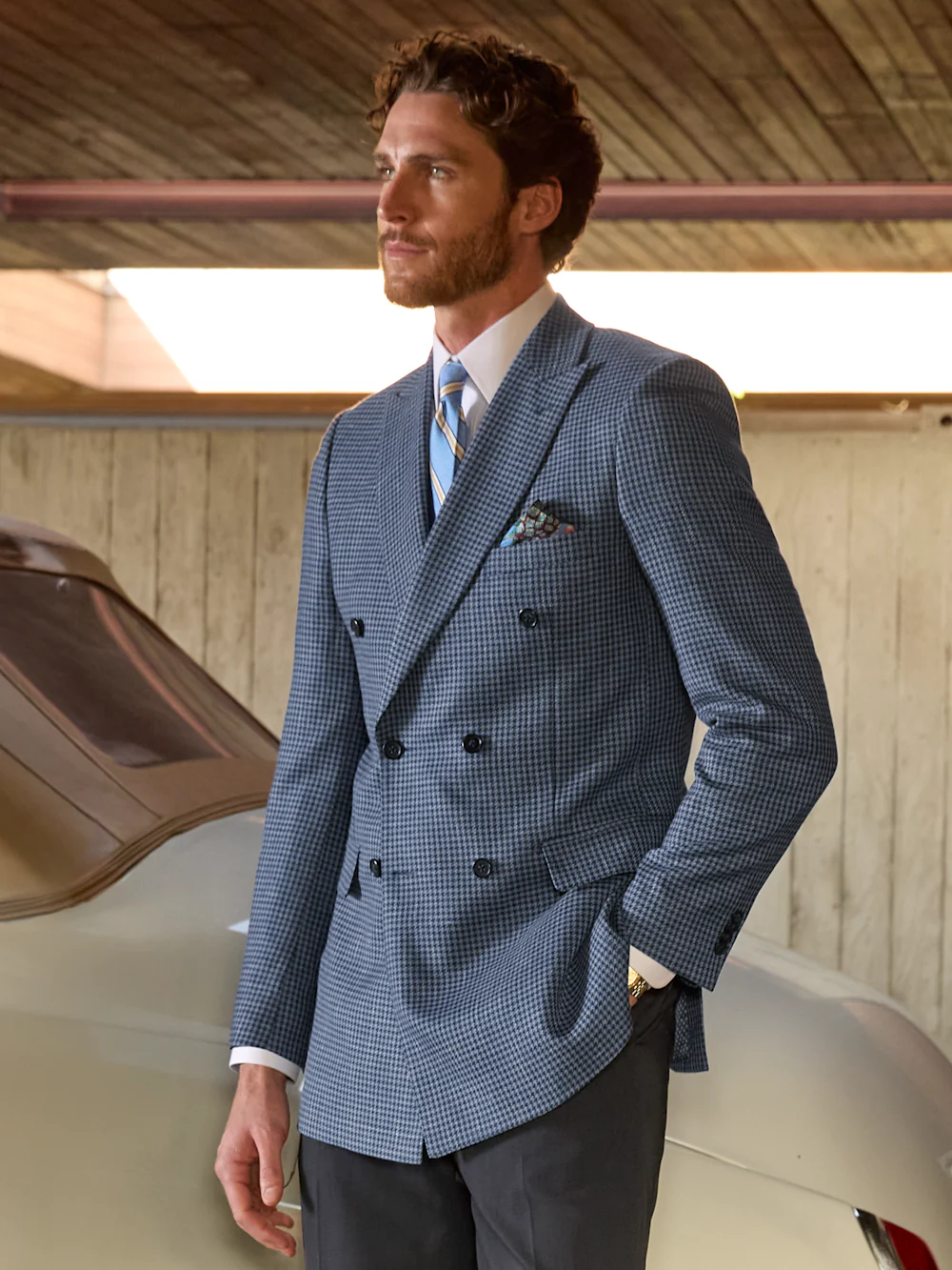 Wool Blend Houndstooth Double Breasted Peak Lapel Sport Coat - Blue Houndstooth - Image 8