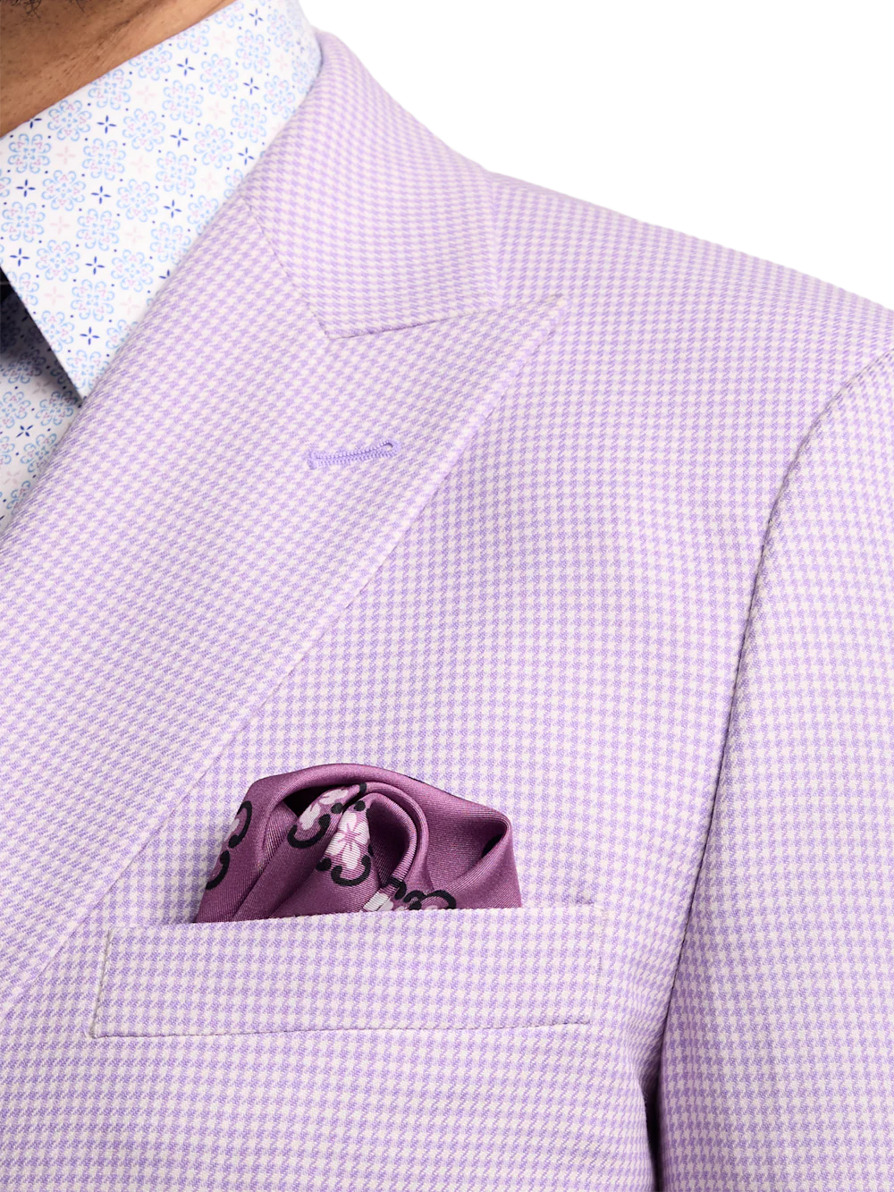Wool Blend Houndstooth Double Breasted Peak Lapel Suit - Purple - Image 6