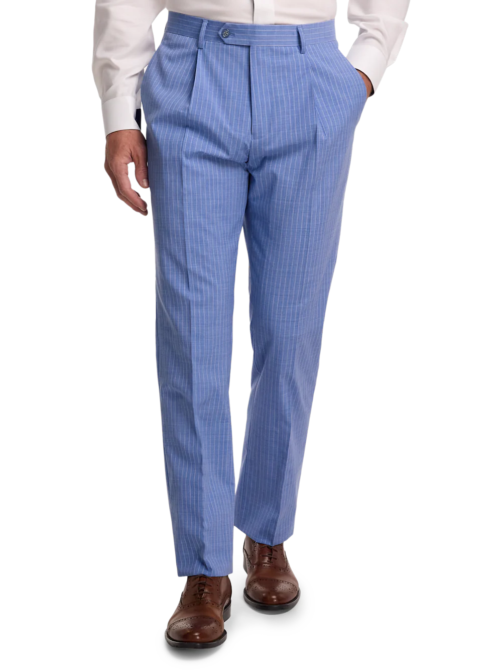 Wool Blend Pindstripe Single Pleat Suit Pant - Blue - Image 2