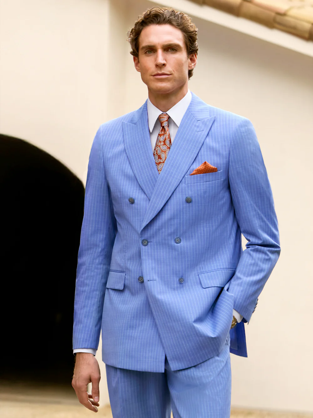 Wool Blend Pinstripe Double Breasted Peak Lapel Suit - Blue - Image 10
