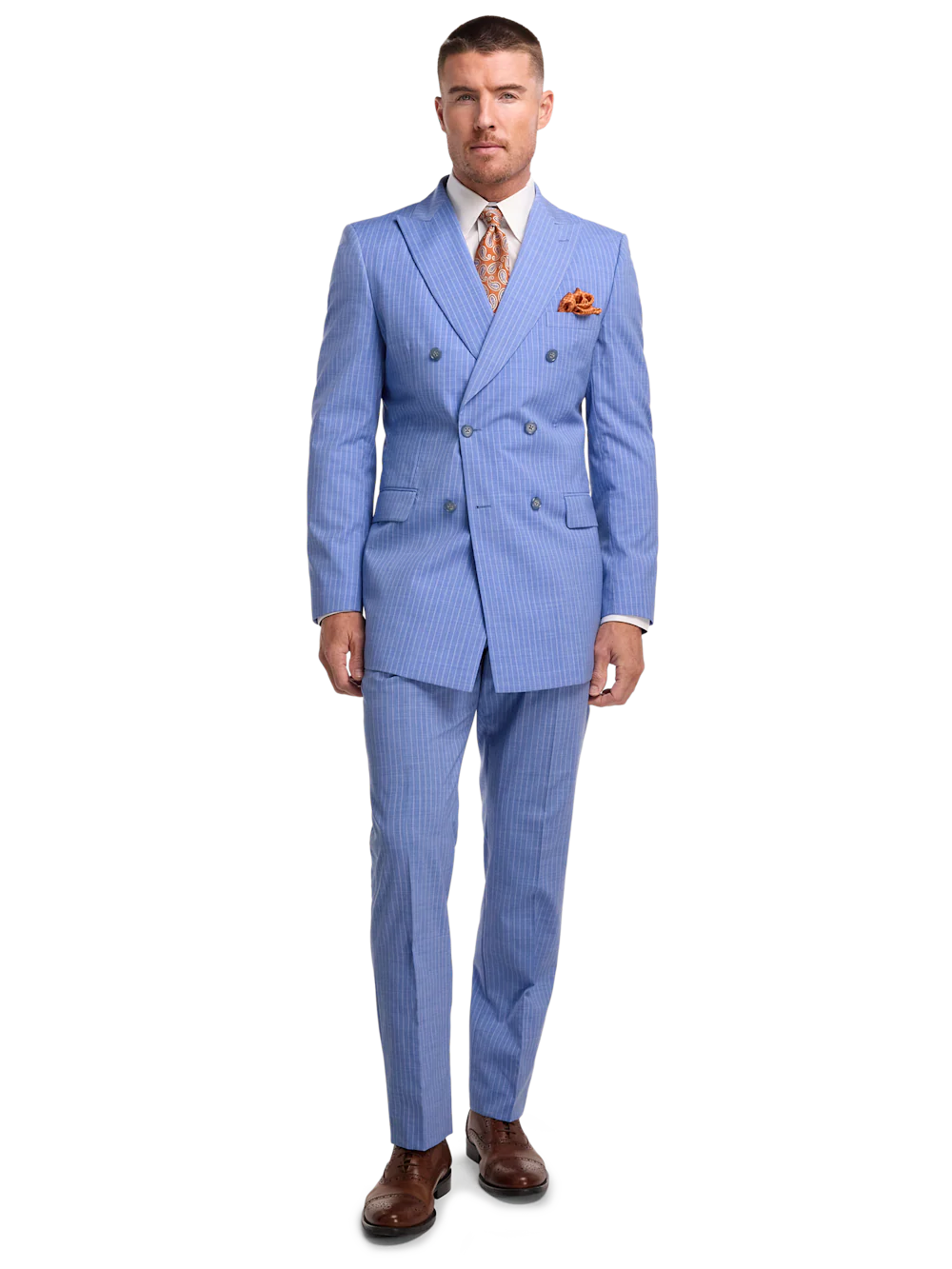 Wool Blend Pinstripe Double Breasted Peak Lapel Suit - Blue - Image 2