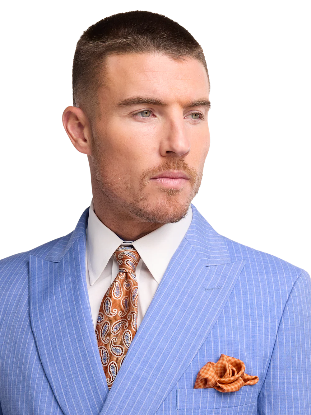 Wool Blend Pinstripe Double Breasted Peak Lapel Suit - Blue - Image 3