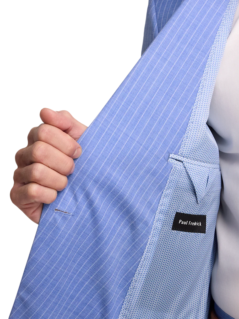 Wool Blend Pinstripe Double Breasted Peak Lapel Suit - Blue - Image 4