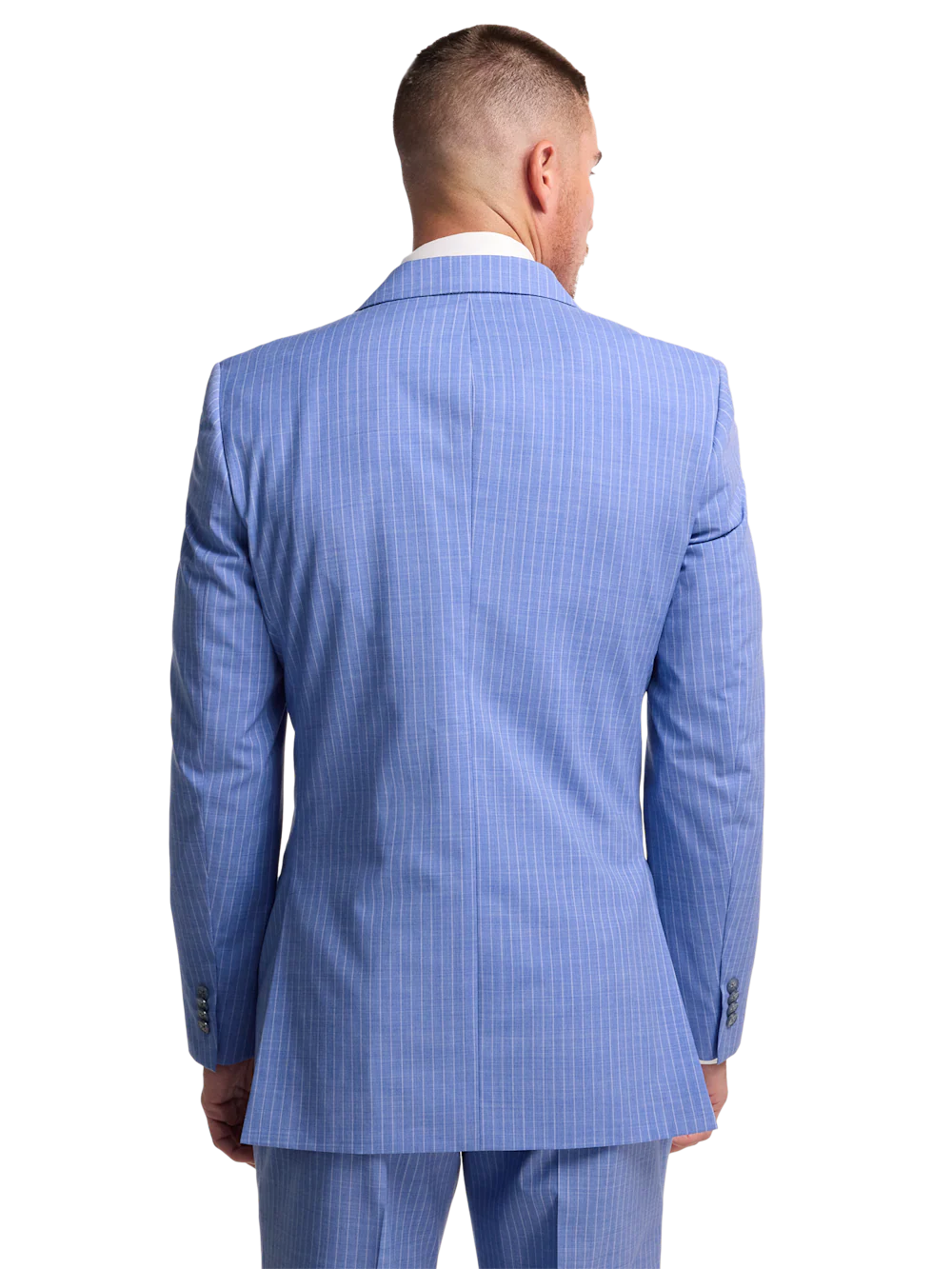 Wool Blend Pinstripe Double Breasted Peak Lapel Suit - Blue - Image 7