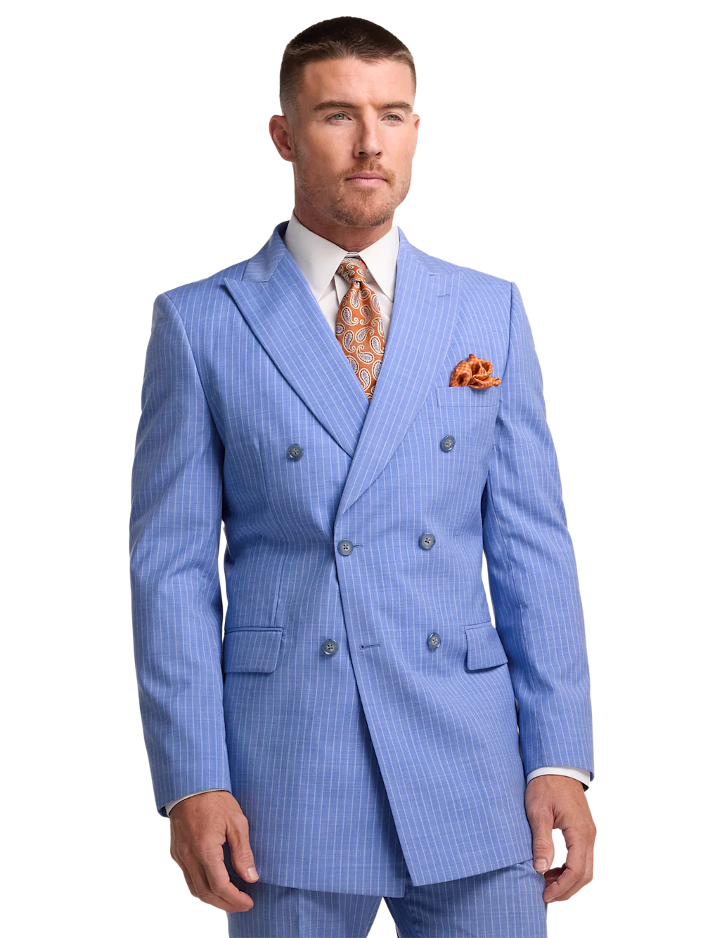 Wool Blend Pinstripe Double Breasted Peak Lapel Suit Jacket - Blue - Image 2
