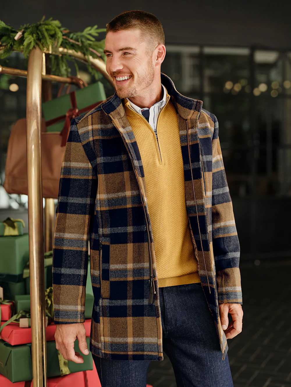 Wool Blend Plaid Carcoat - Tan/blue - Image 9