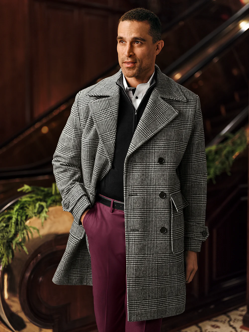 Wool Blend Plaid Double Breasted Topcoat - Black/white - Image 9