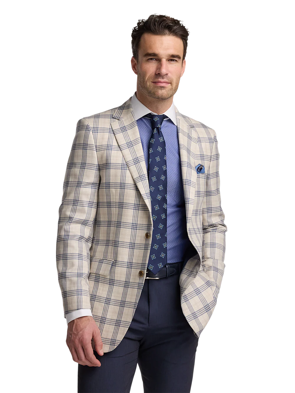 Wool Blend Plaid Single Breasted Notch Lapel Sport Coat - Tan/blue - Image 2